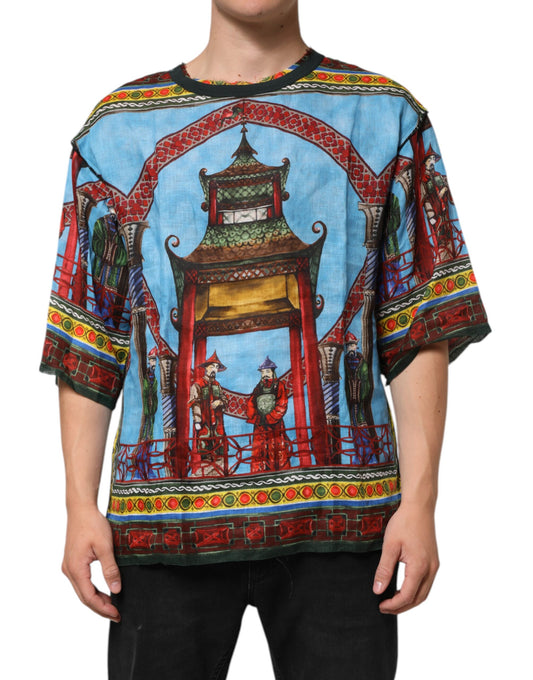 Multicolor Cotton Linen Temple Print T-shirt