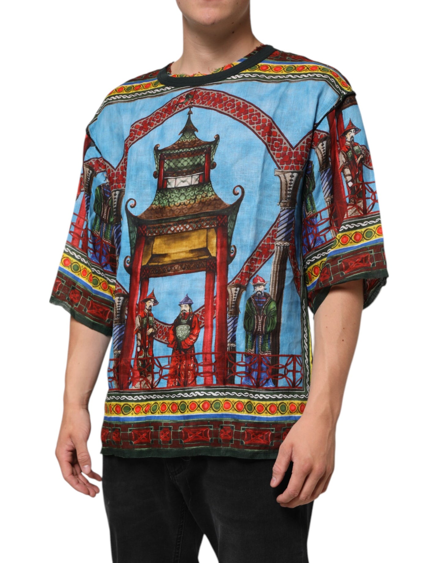 Multicolor Cotton Linen Temple Print T-shirt
