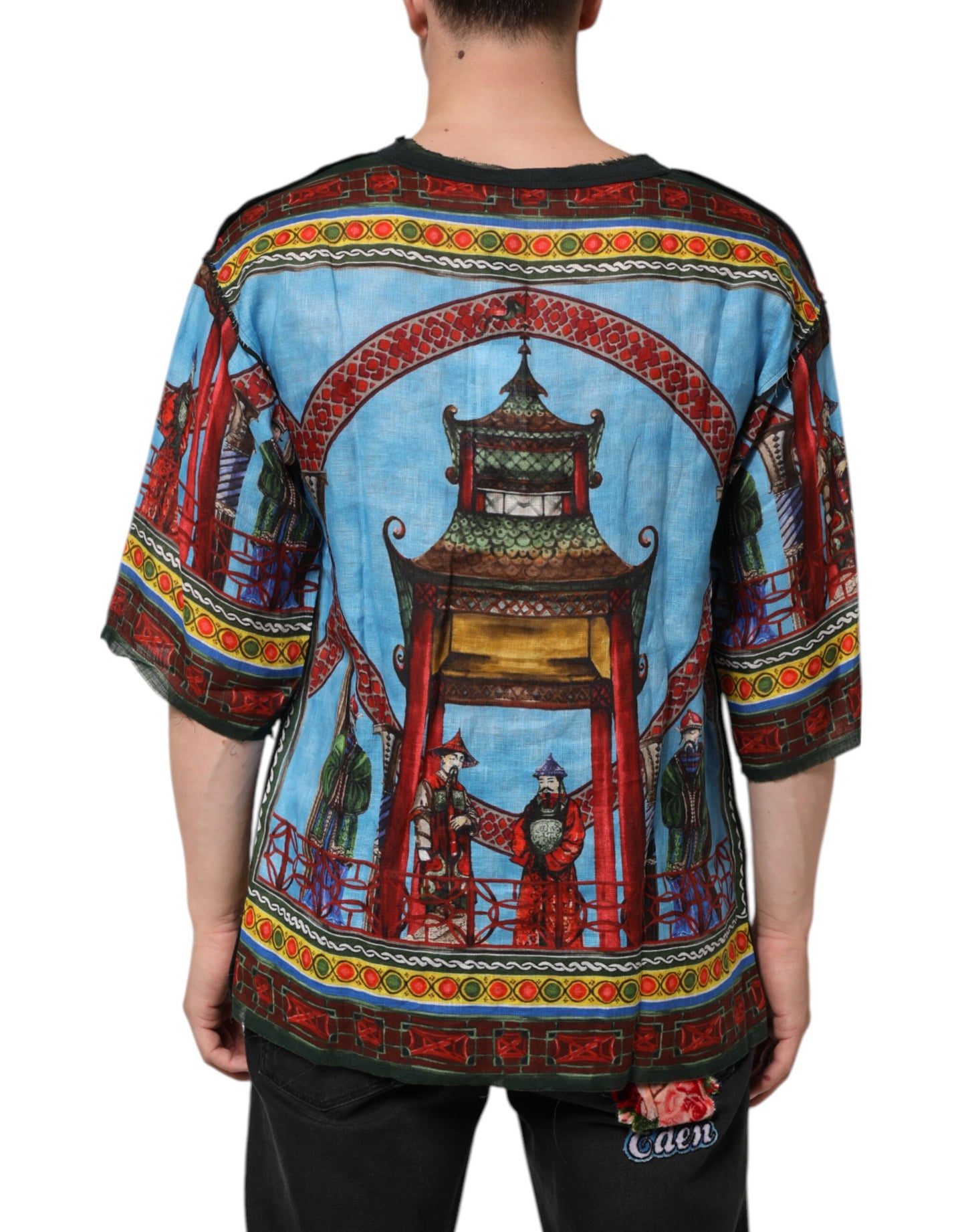 Multicolor Cotton Linen Temple Print T-shirt
