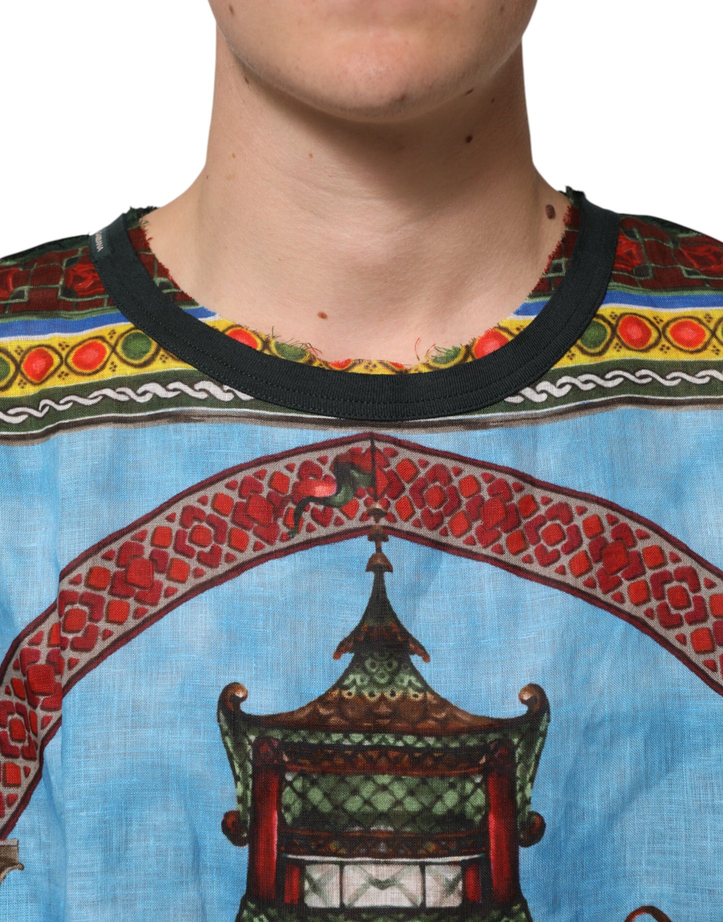 Multicolor Cotton Linen Temple Print T-shirt