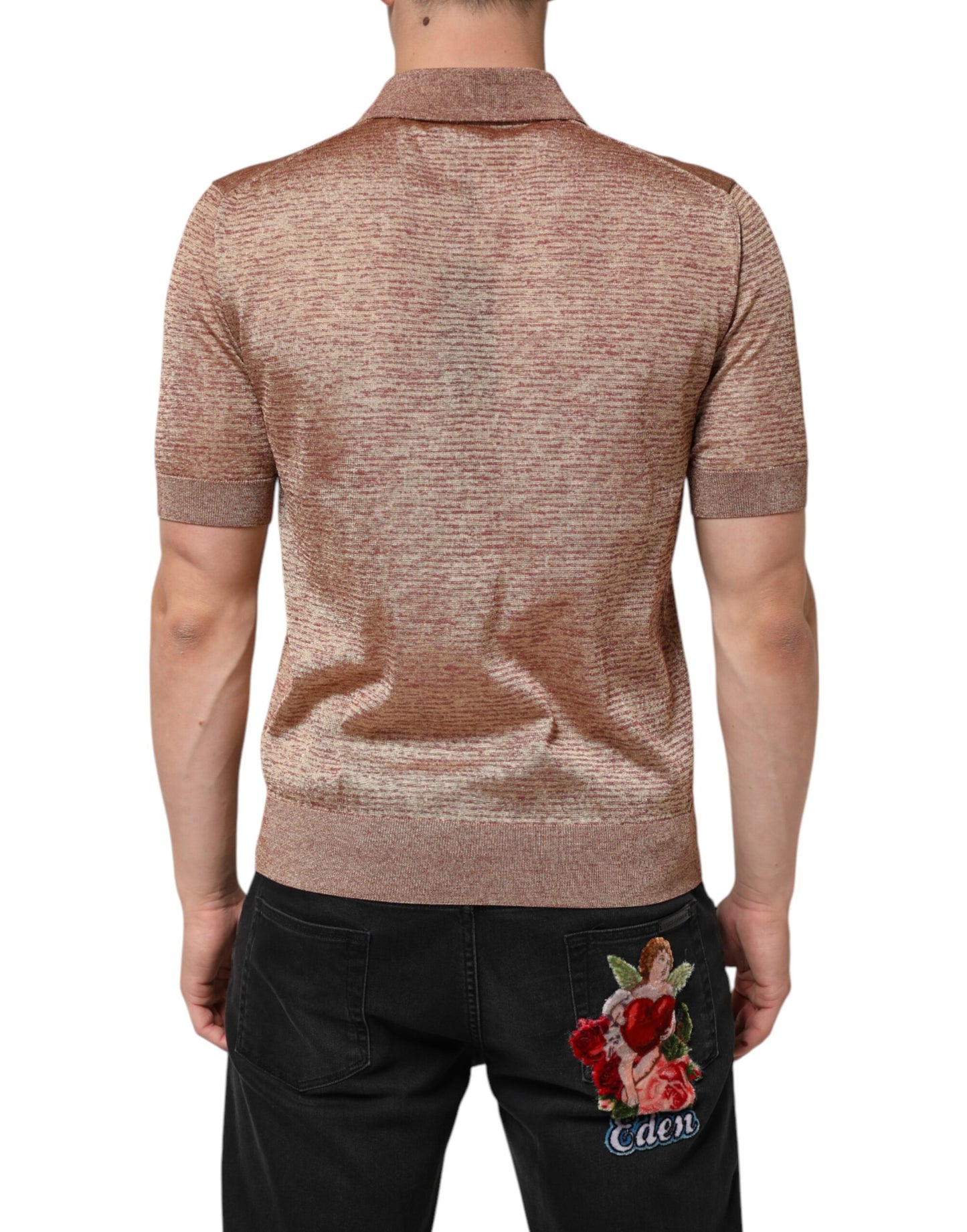 Brown Silk Textured Short Sleeve Polo T-shirt