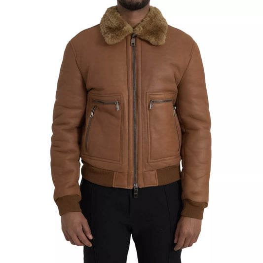 Dolce & Gabbana Brown Leather Fur Button Biker Coat Jacket