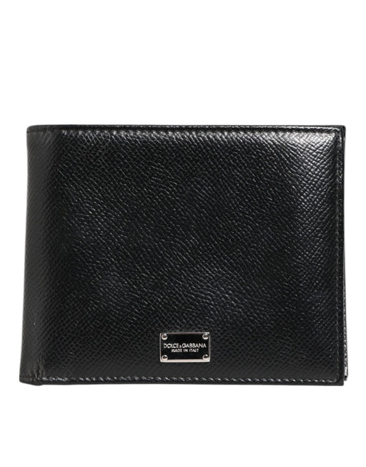 Black Leather Plaque Logo Bifold Men Card Holder Wallet