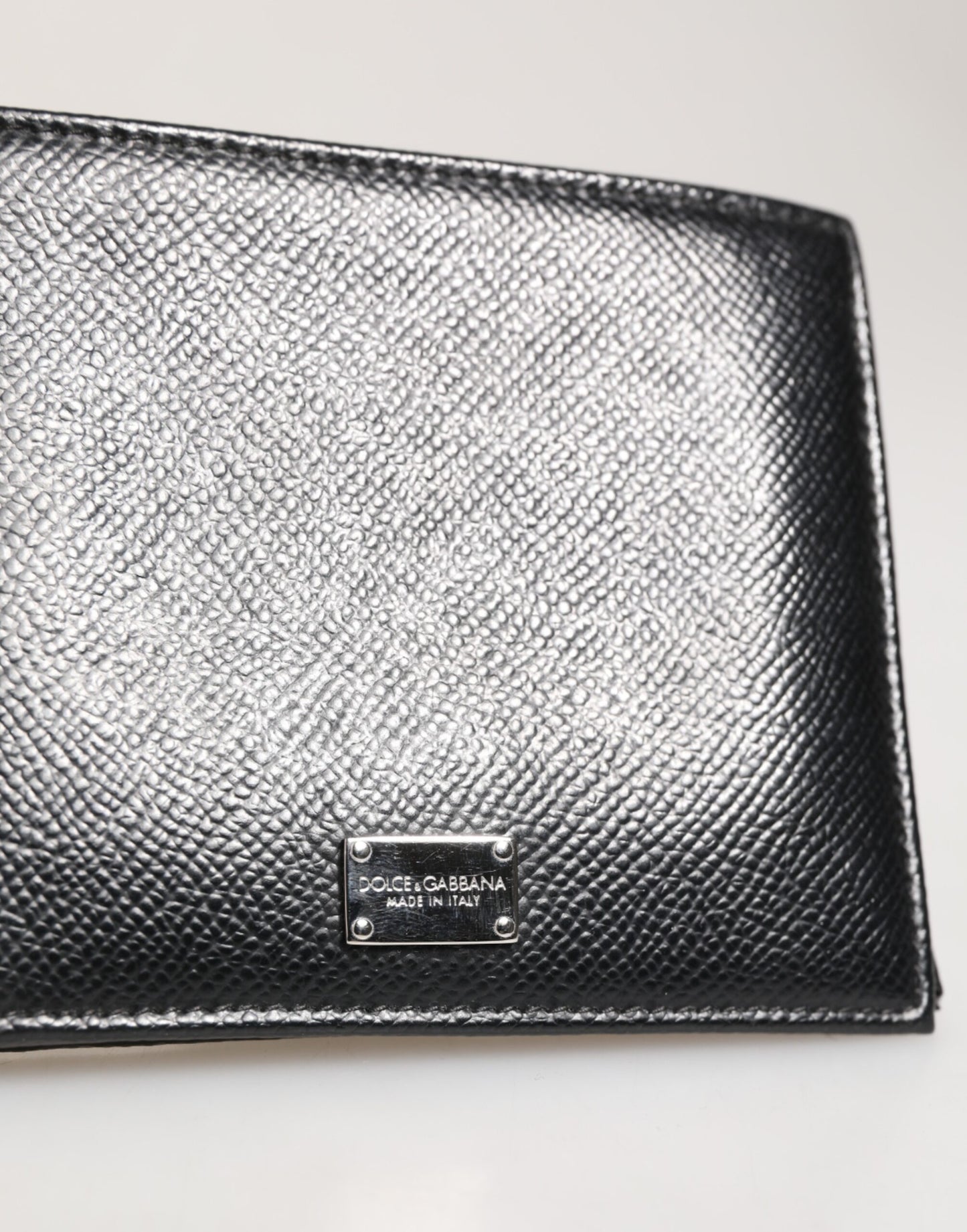 Black Leather Plaque Logo Bifold Men Card Holder Wallet