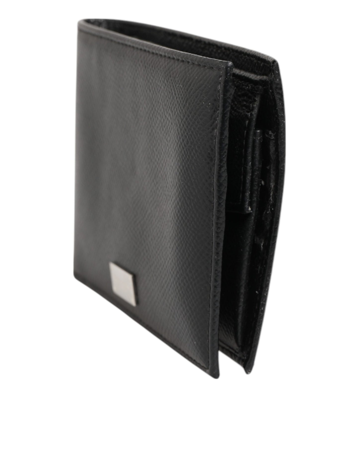 Black Leather Plaque Logo Bifold Men Card Holder Wallet
