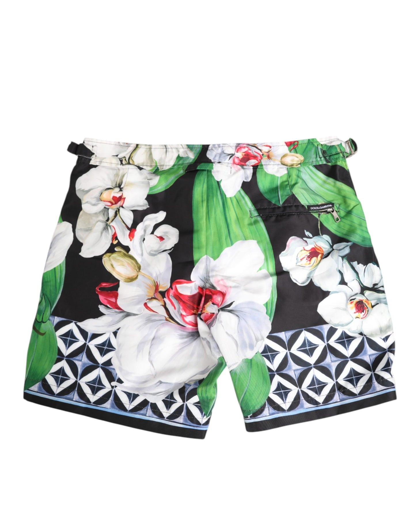 Black White Polyester Floral Orchid Print Shorts
