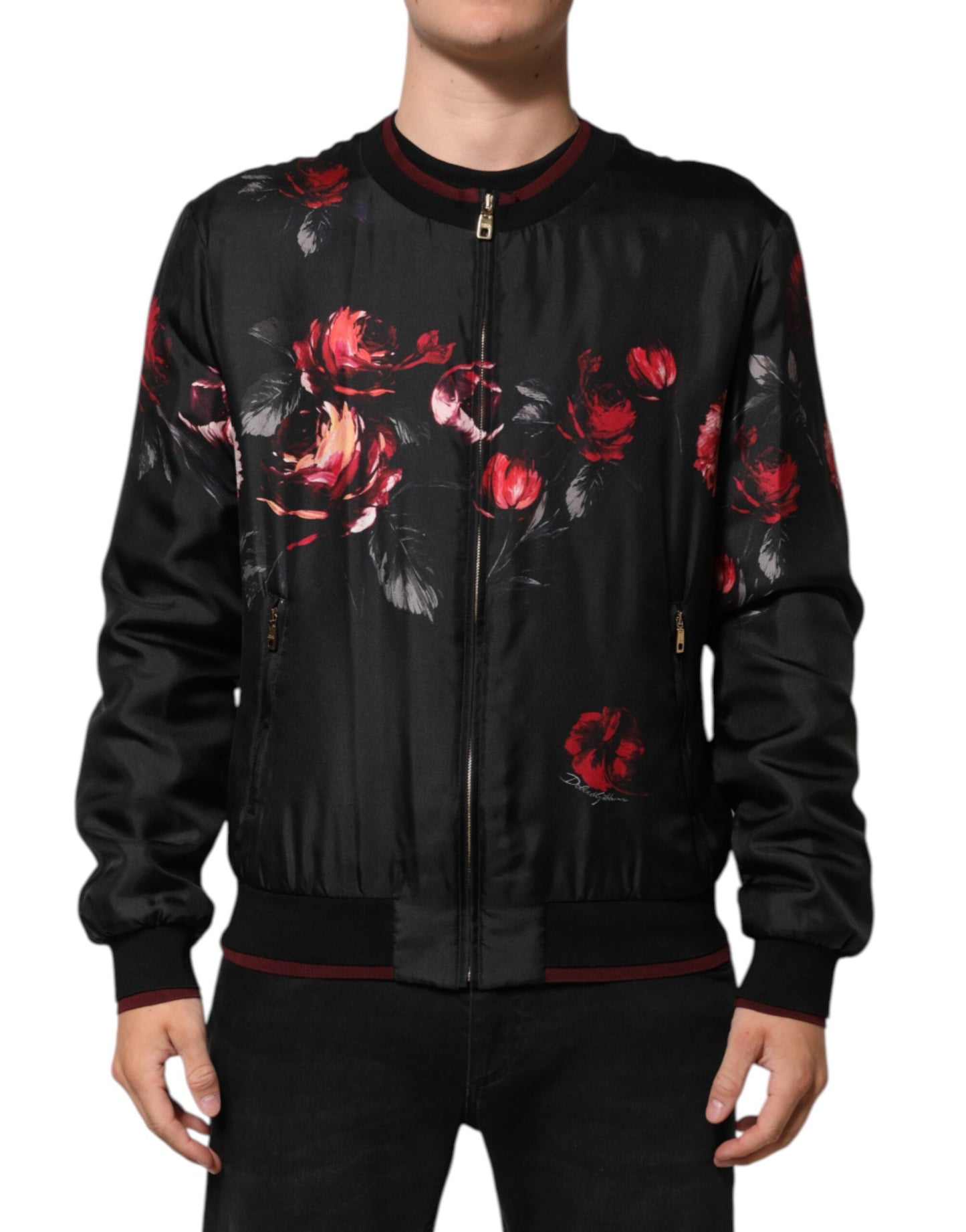 Black Red Floral Silk Bomber Blouson Jacket