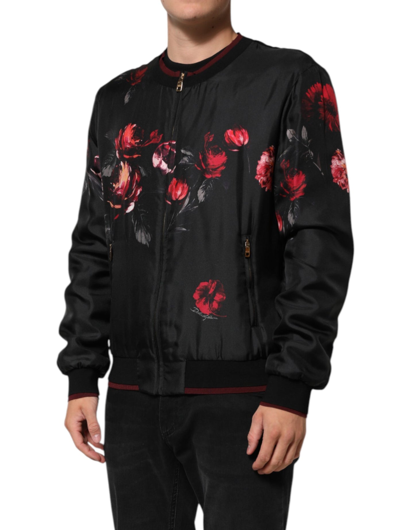 Black Red Floral Silk Bomber Blouson Jacket
