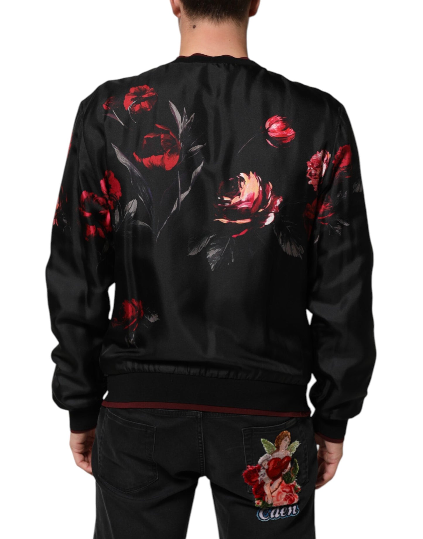 Black Red Floral Silk Bomber Blouson Jacket