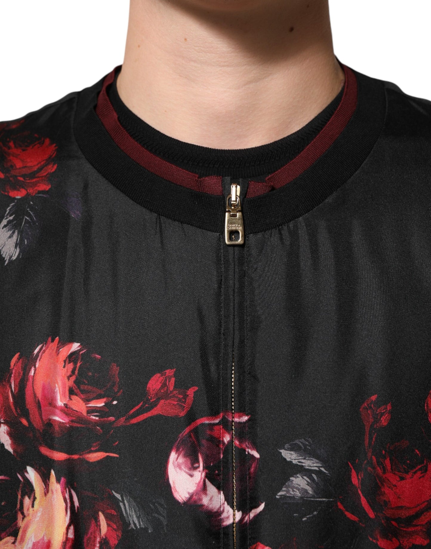 Black Red Floral Silk Bomber Blouson Jacket
