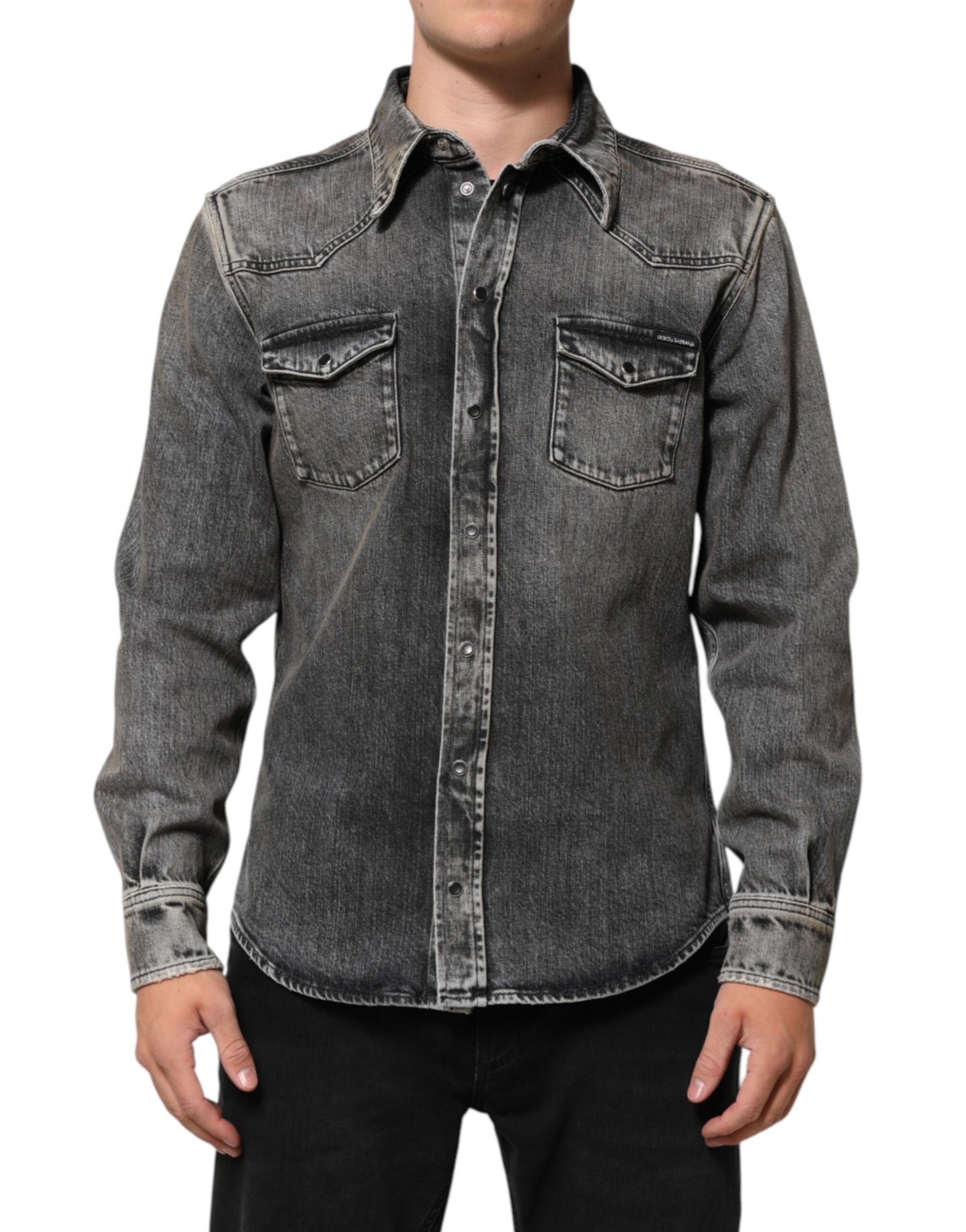 Dolce & Gabbana Black Washed Cotton Snap Long Sleeve Casual Shirt