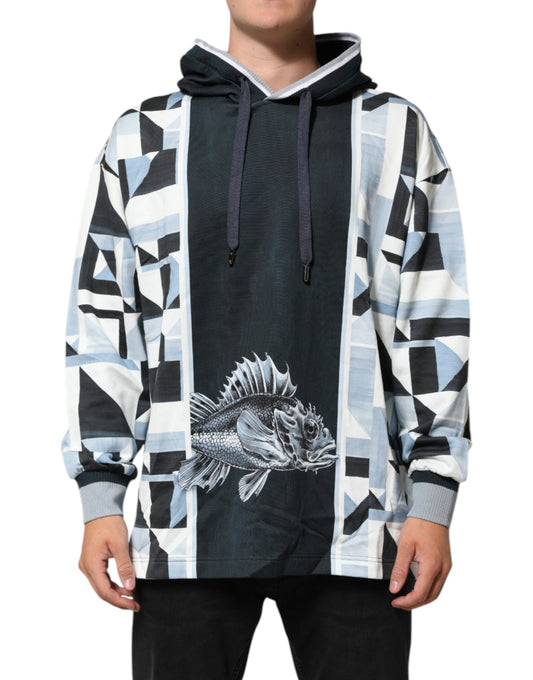 Blue Geometric Print Cotton Panel Pullover Hoodie Sweater