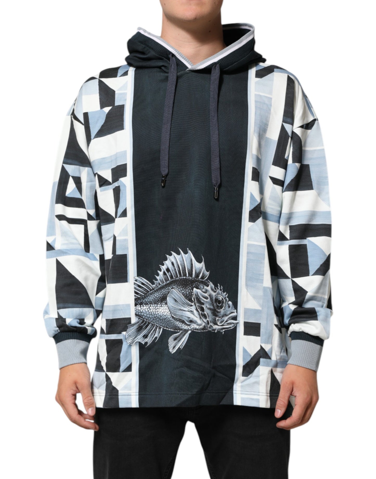 Blue Geometric Print Cotton Panel Pullover Hoodie Sweater