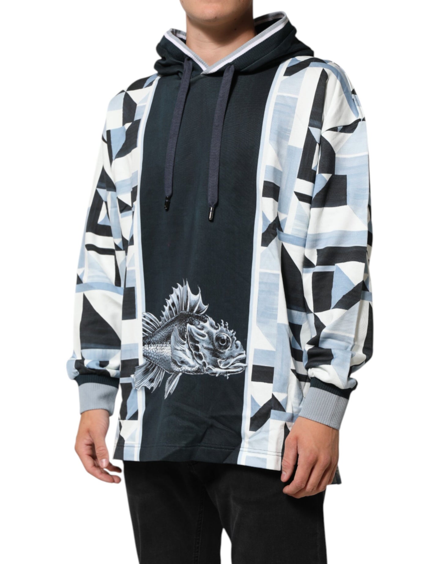 Blue Geometric Print Cotton Panel Pullover Hoodie Sweater