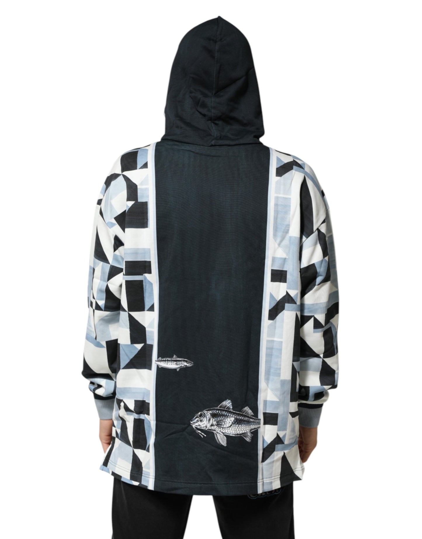 Blue Geometric Print Cotton Panel Pullover Hoodie Sweater