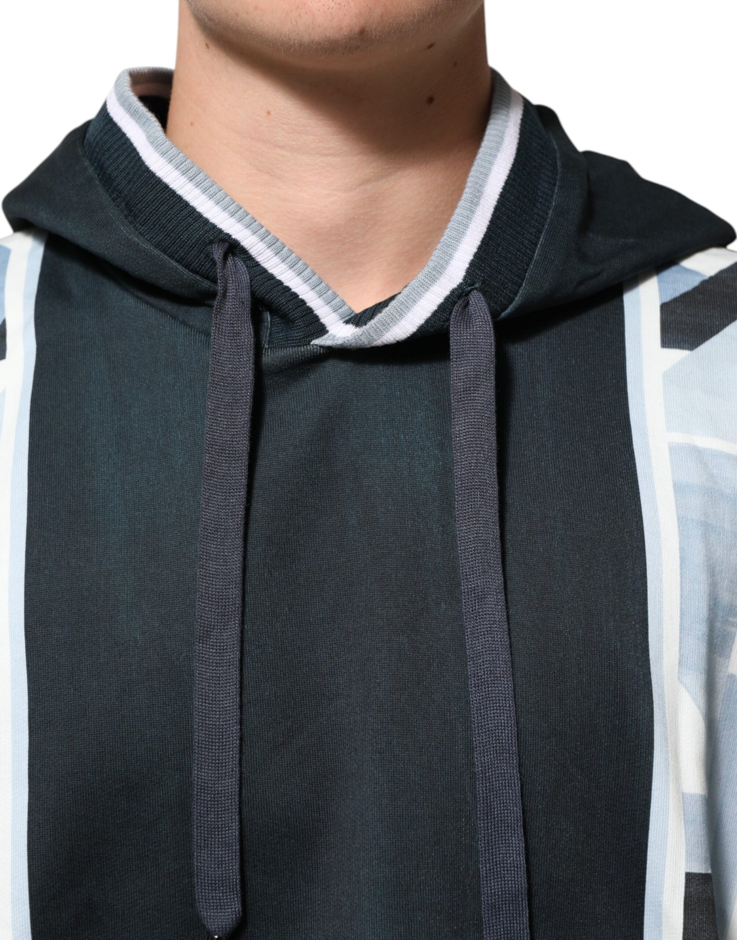 Blue Geometric Print Cotton Panel Pullover Hoodie Sweater