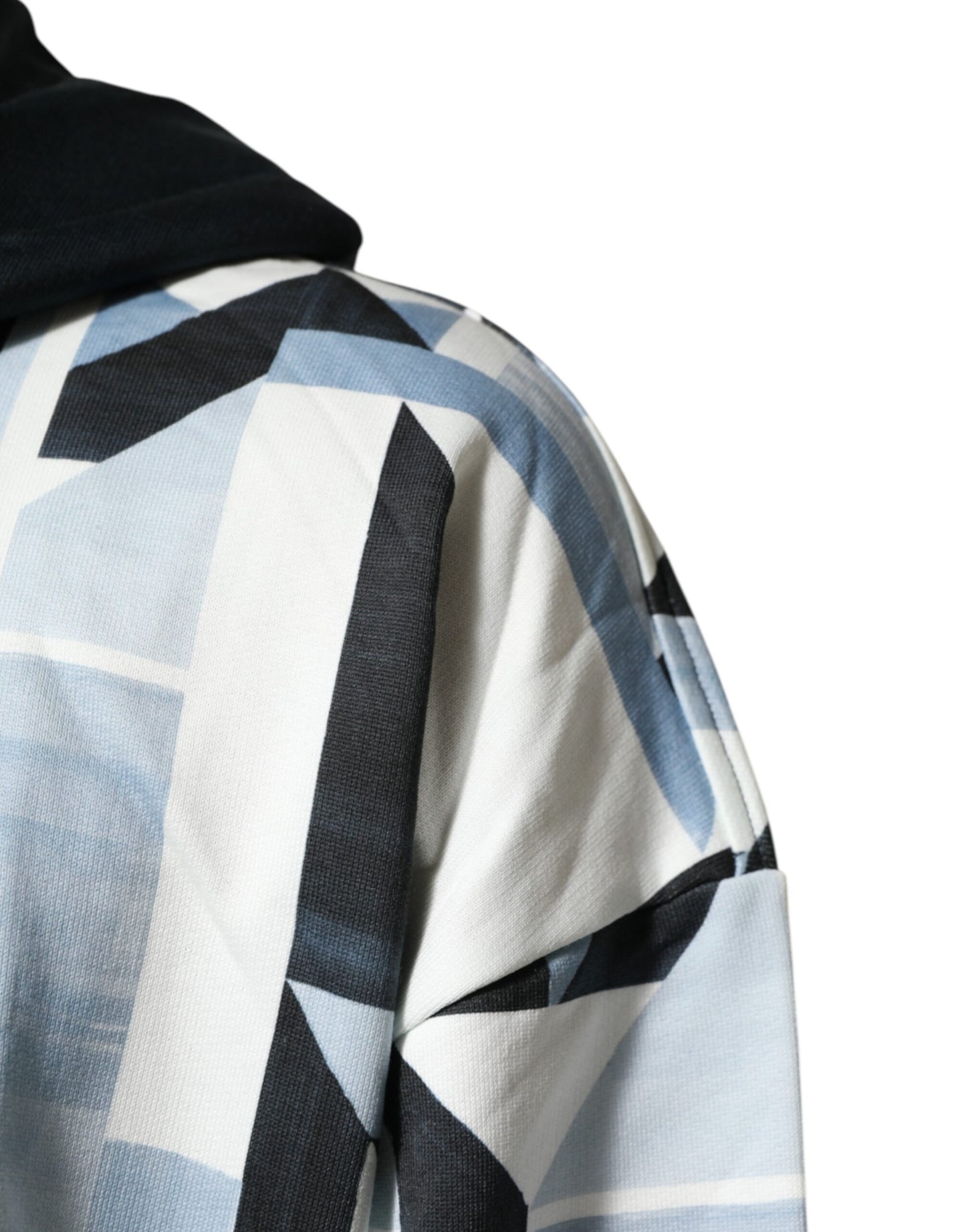 Blue Geometric Print Cotton Panel Pullover Hoodie Sweater