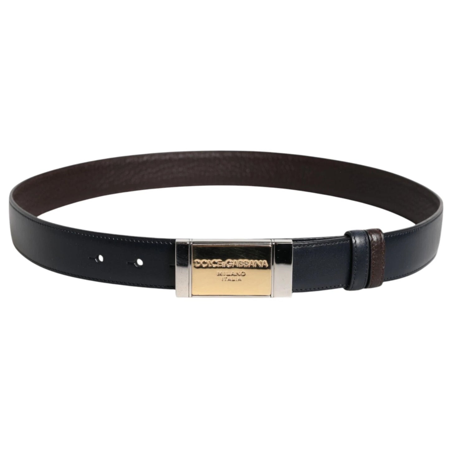 Blue Brown Leather Buckle Reversible Belt