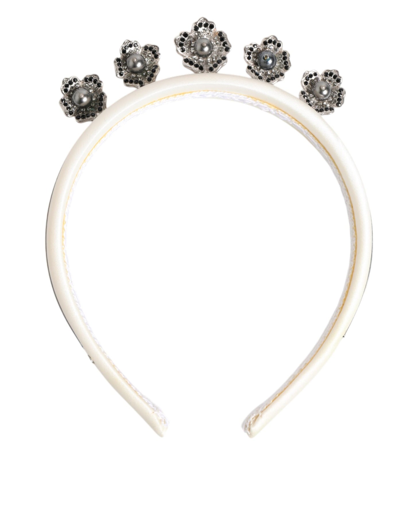White Satin Palladium Silver Floral Crown Tiara Headband