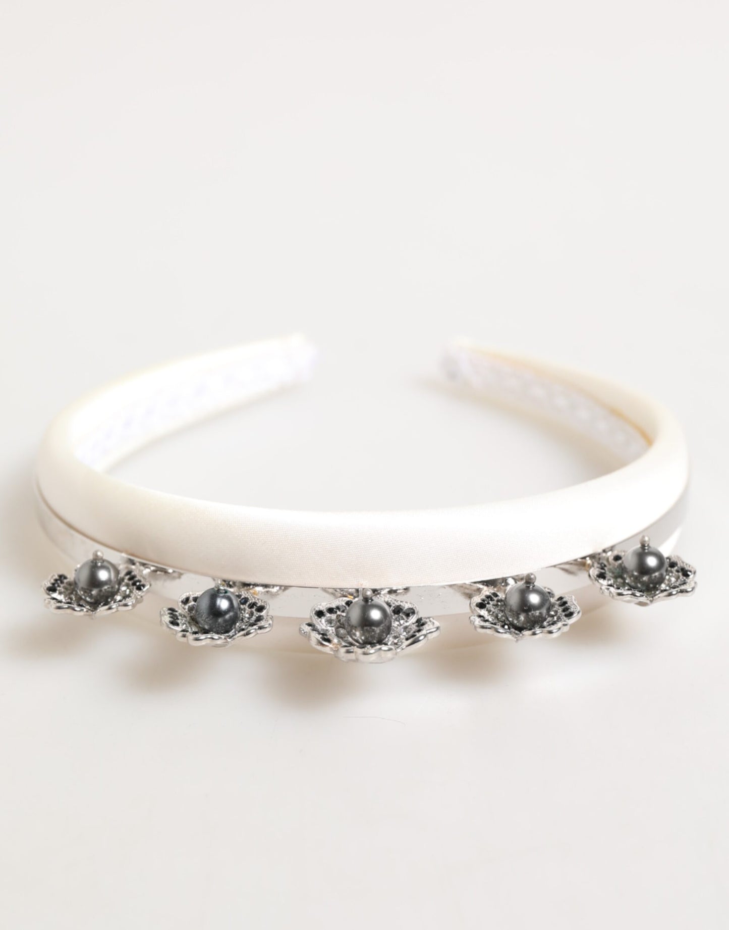 White Satin Palladium Silver Floral Crown Tiara Headband