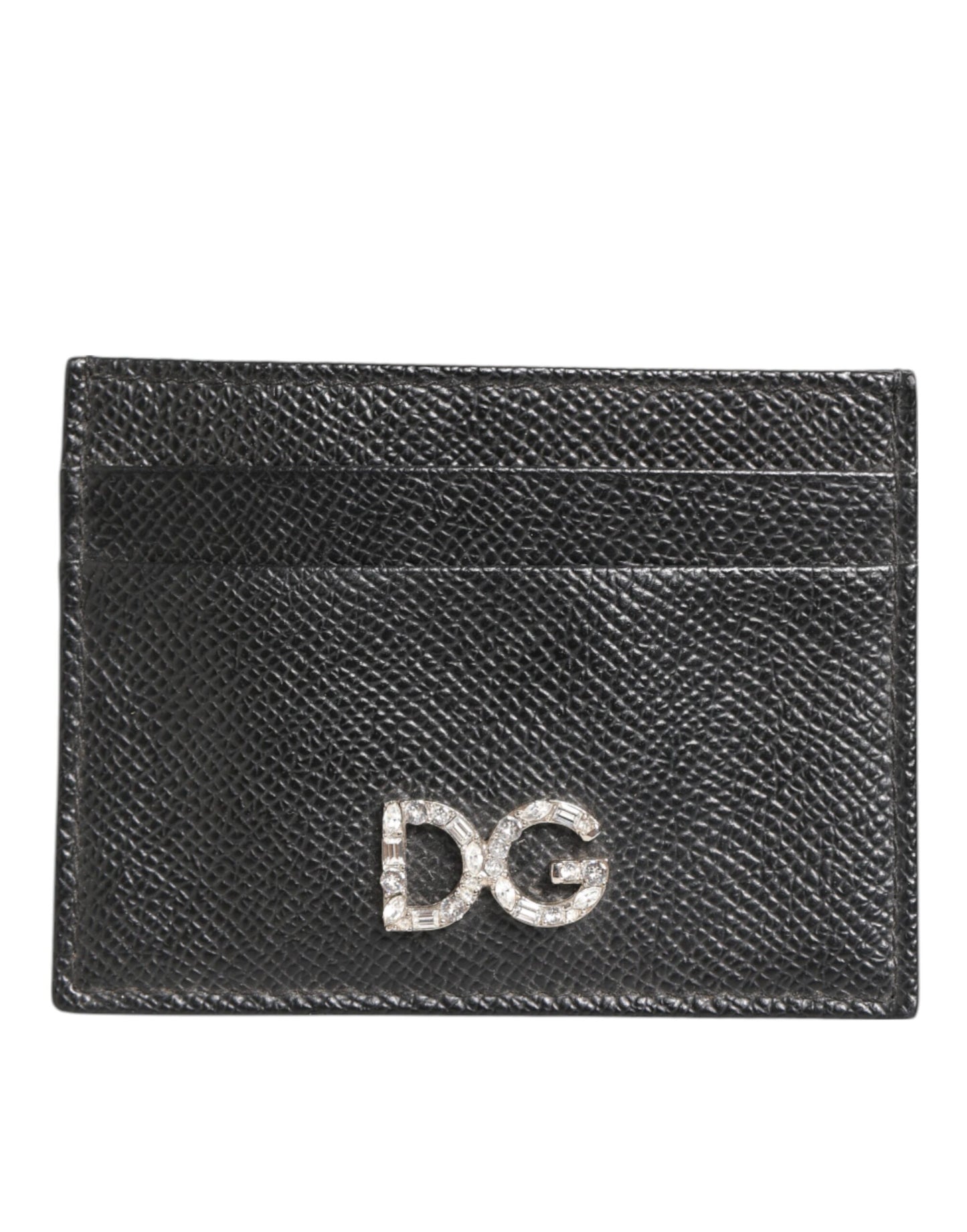 Black Leather Crystal DG Logo Embellished Card Holder Wallet