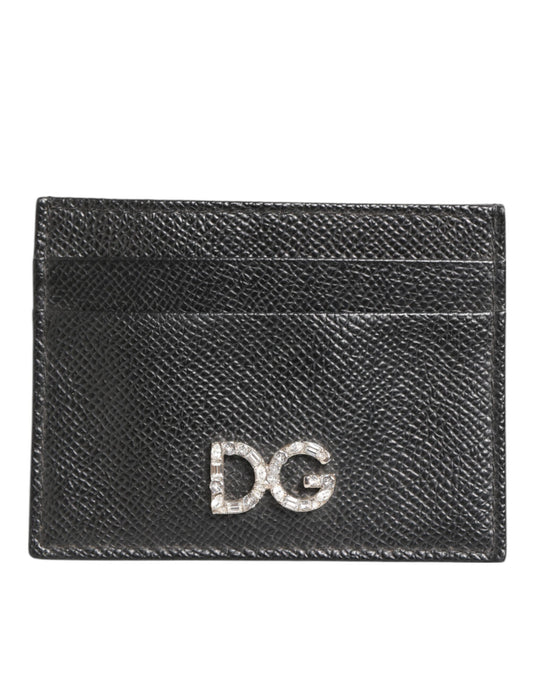 Black Leather Crystal DG Logo Embellished Card Holder Wallet