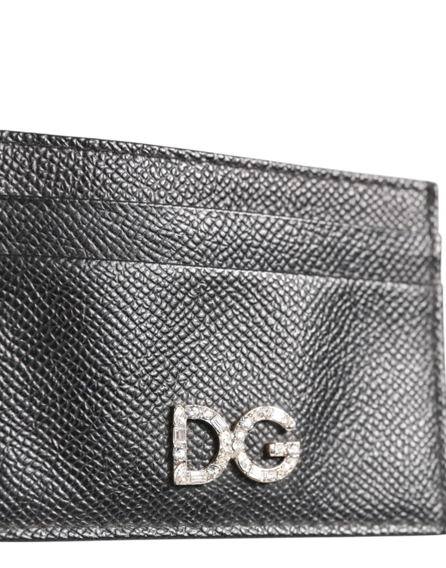 Black Leather Crystal DG Logo Embellished Card Holder Wallet