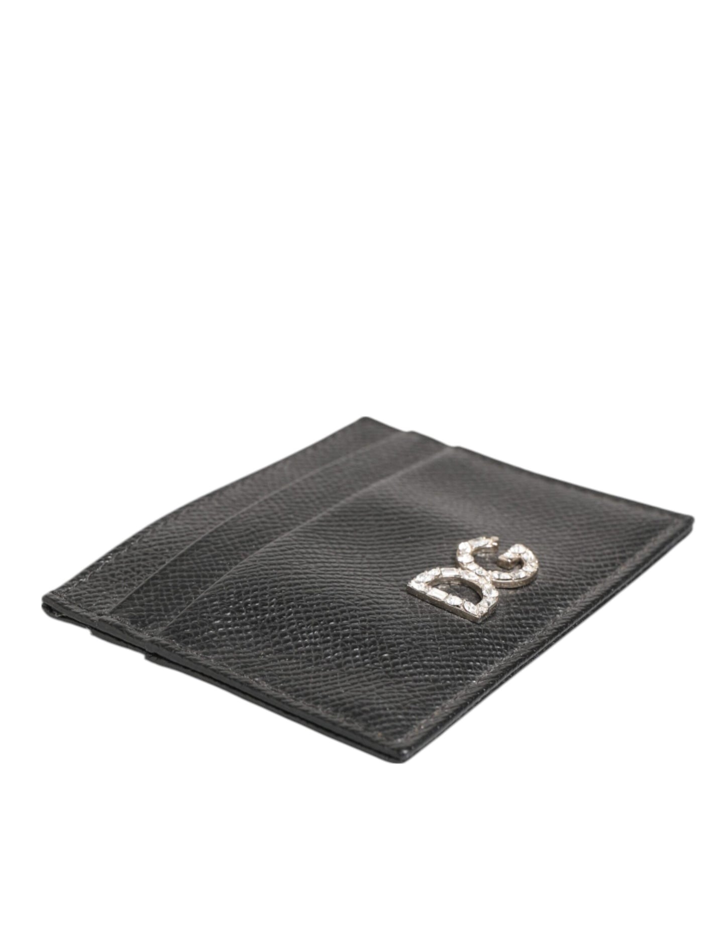 Black Leather Crystal DG Logo Embellished Card Holder Wallet