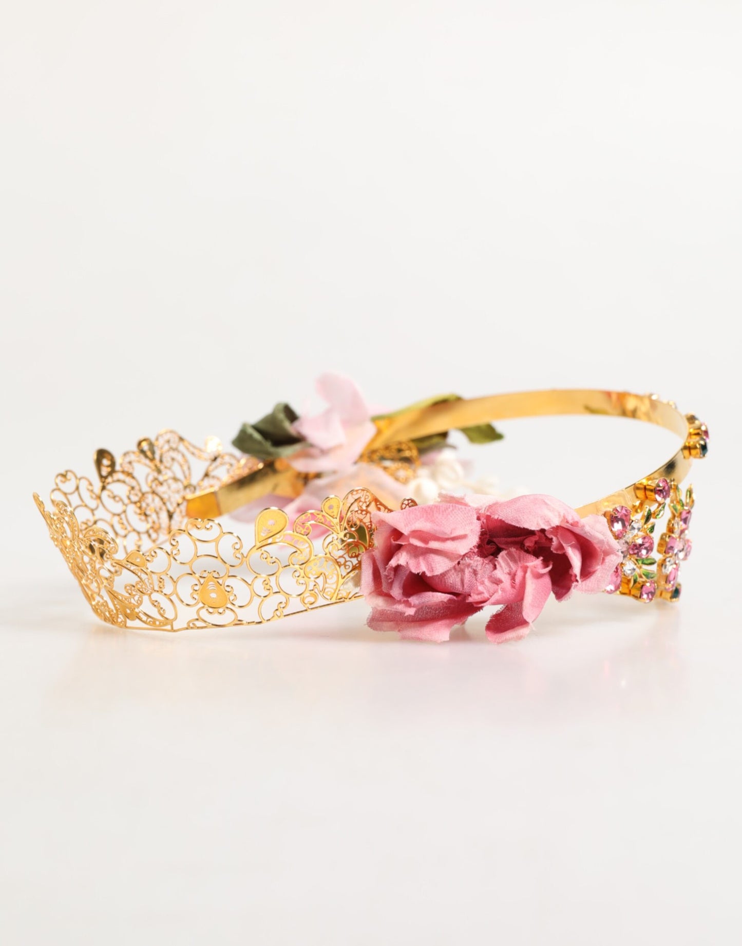 Dolce & Gabbana Gold Floral Tiara Pink Roses Crystal Crown Headband