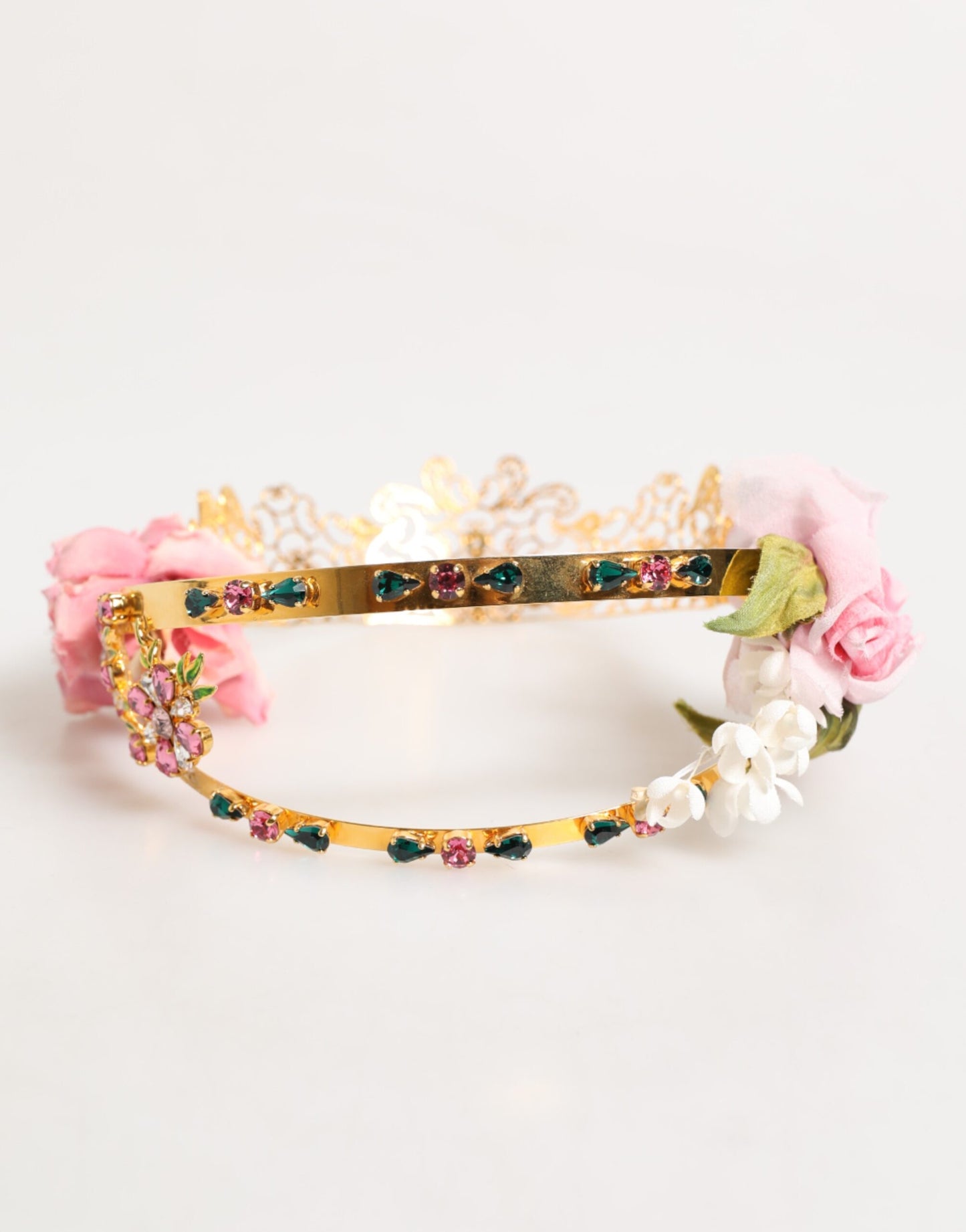 Dolce & Gabbana Gold Floral Tiara Pink Roses Crystal Crown Headband