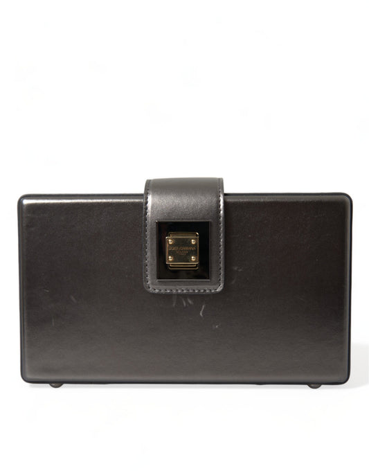 Dolce & Gabbana Steel Gray Leather Box Shape Shoulder Gold DG Logo Plaque Bag
