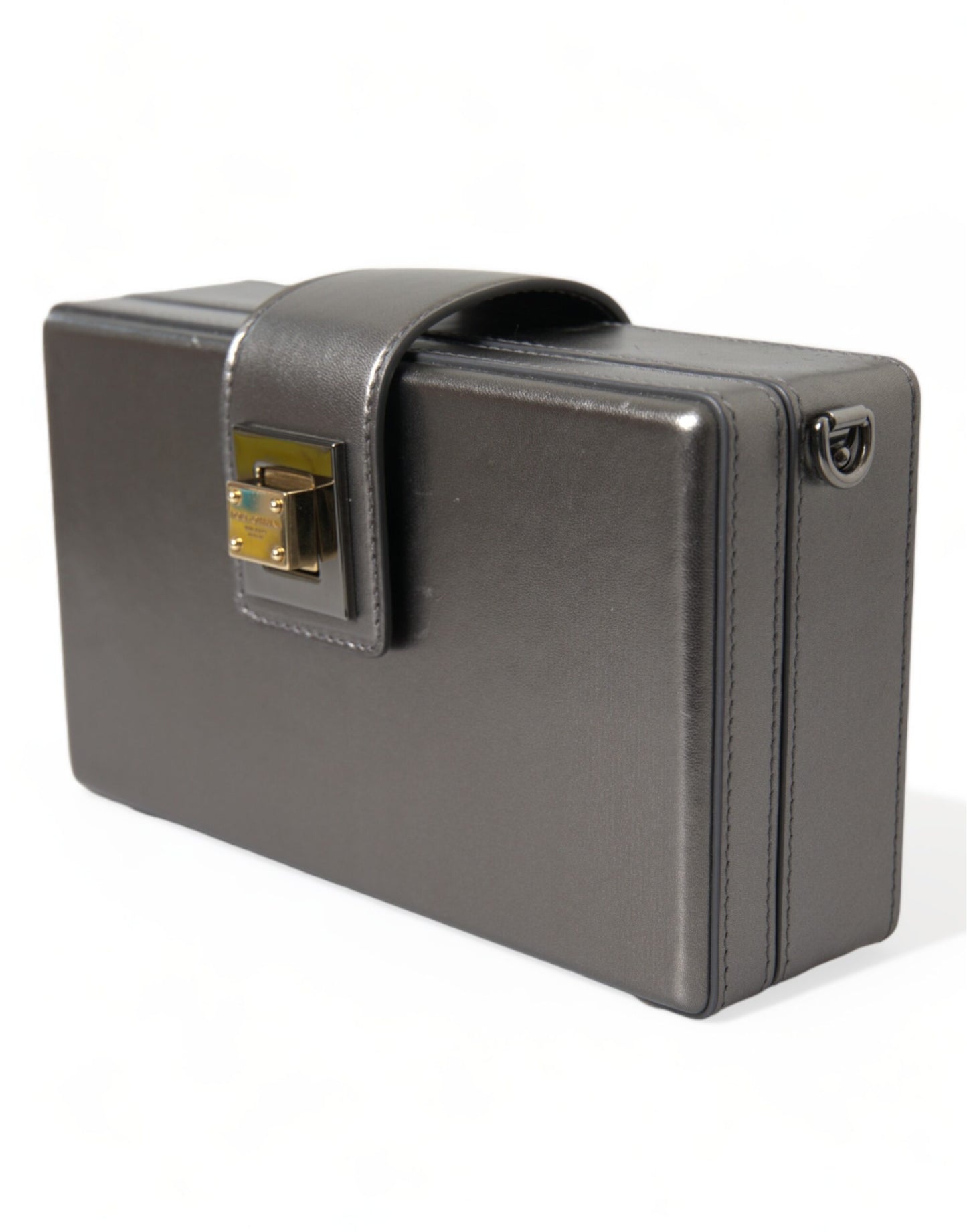 Dolce & Gabbana Steel Gray Leather Box Shape Shoulder Gold DG Logo Plaque Bag