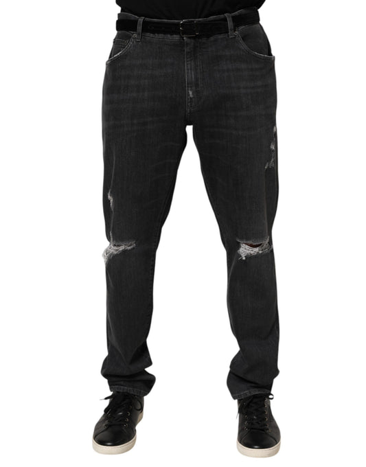 Dolce & Gabbana Black Cotton Slim Fit Distressed Ripped Logo Jeans