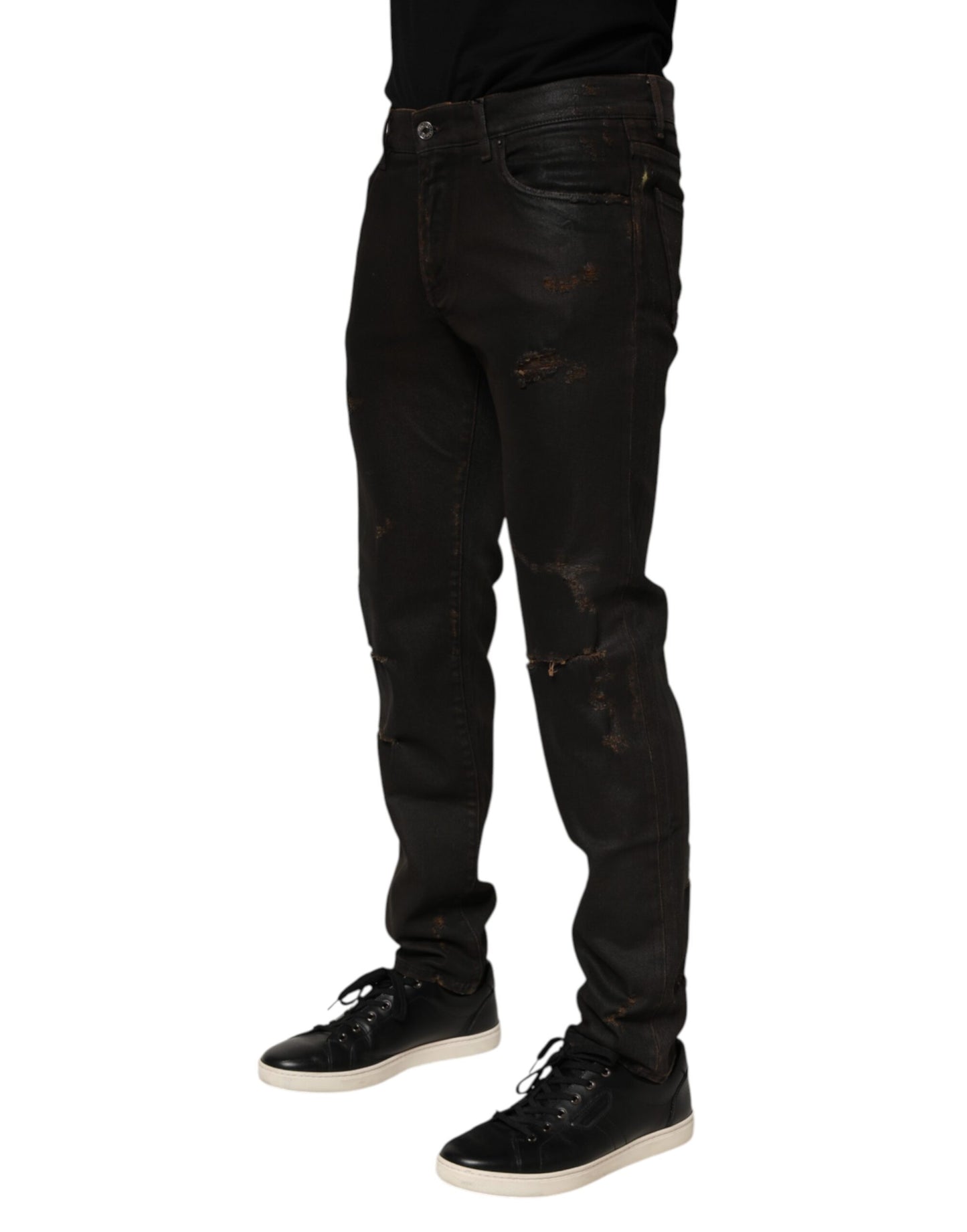 Dolce & Gabbana Dark Brown Tattered Cotton Skinny Denim Jeans