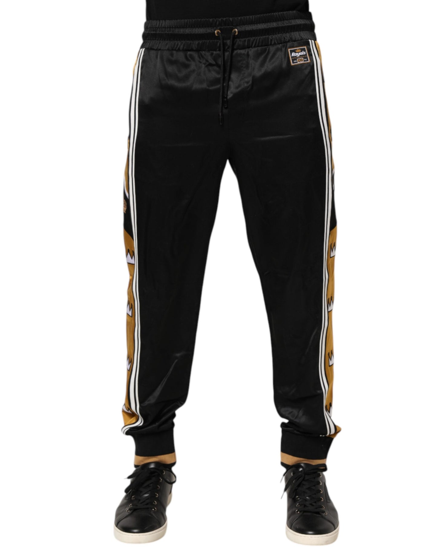 Dolce & Gabbana Black Gold Satin Crown Side Stripe Jogger Pants