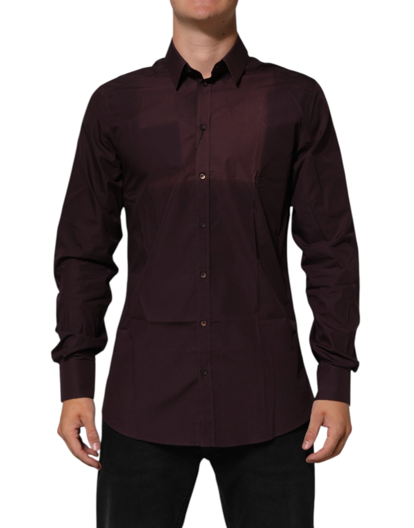 Dolce & Gabbana Maroon Cotton Collared GOLD Formal Dress Shirt