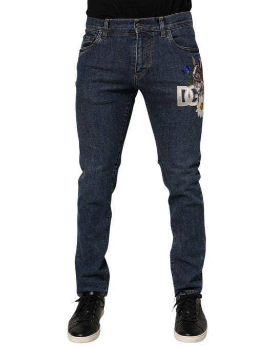 Blue Rabbit Embroidery Slim Men Denim Jeans