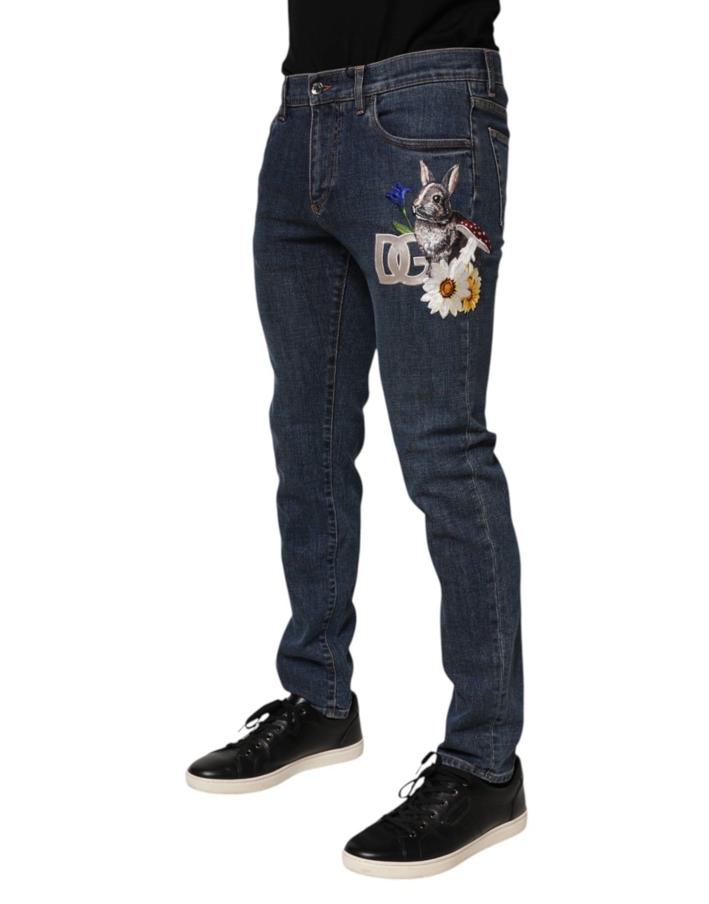 Blue Rabbit Embroidery Slim Men Denim Jeans