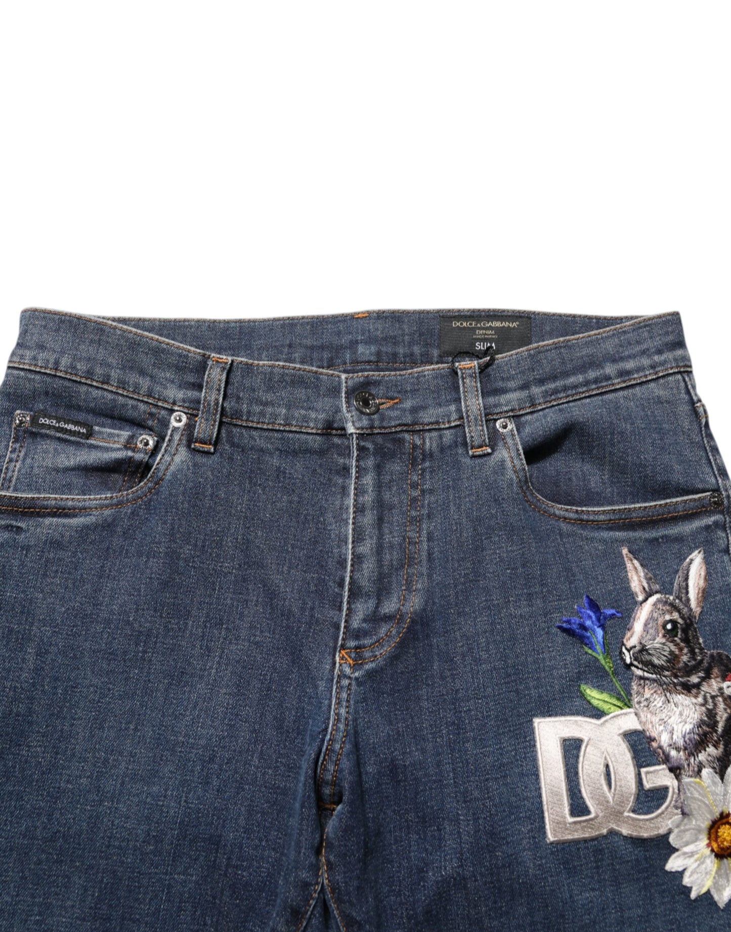 Blue Rabbit Embroidery Slim Men Denim Jeans