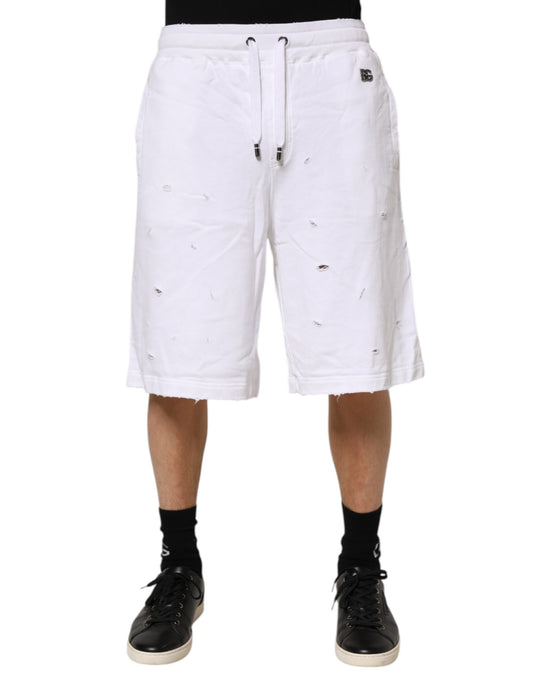 White Ripped Mid Waist Casual Bermuda Short