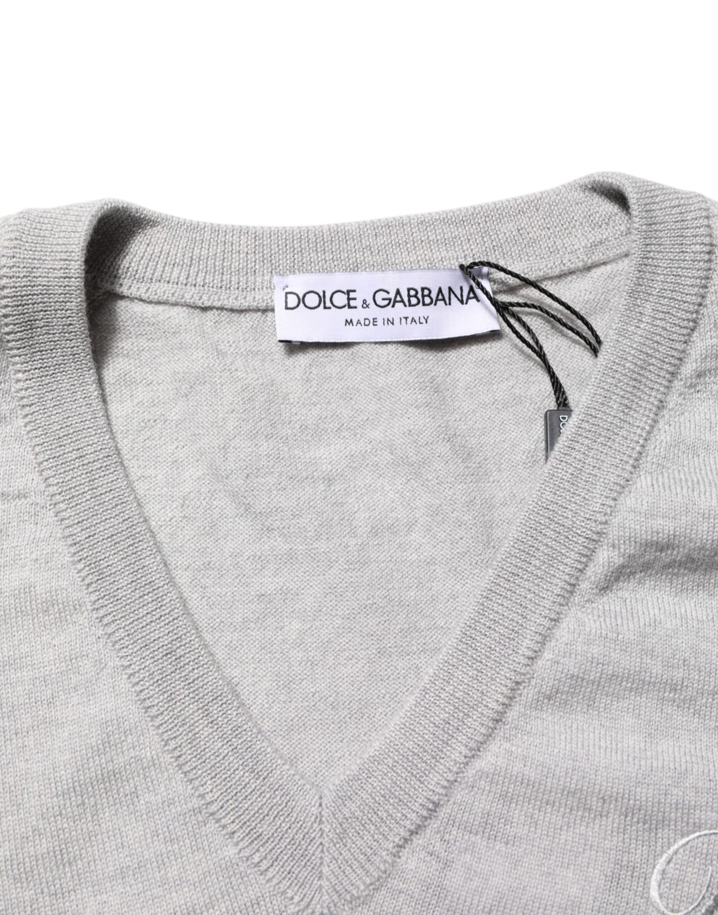 Dolce & Gabbana Gray Wool Knit Logo V-Neck Pullover Sweater