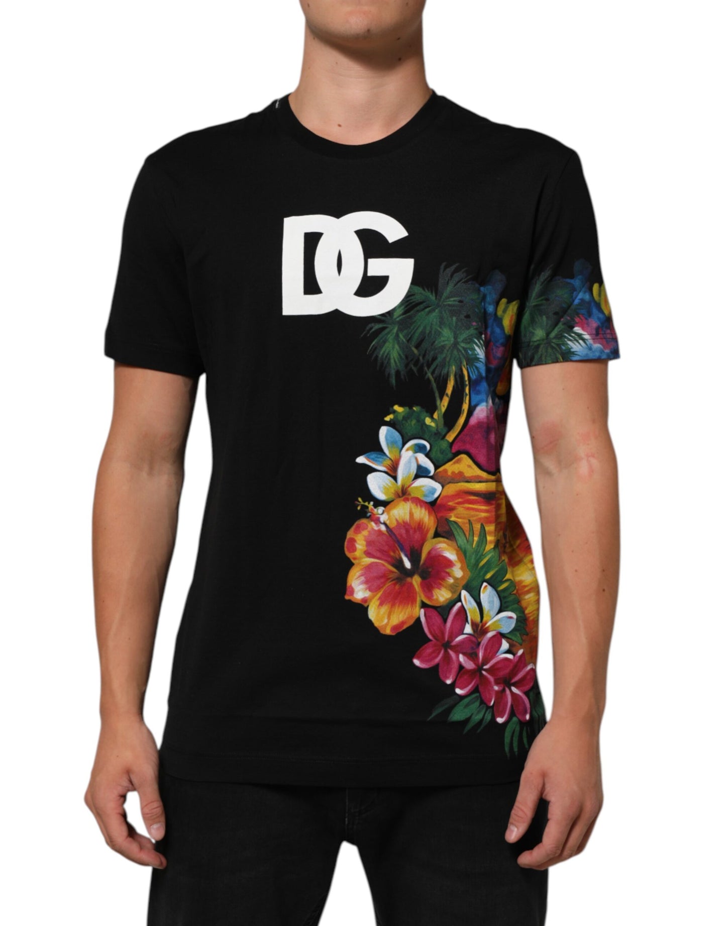 Black Floral DG Logo Cotton Crew Neck T-shirt