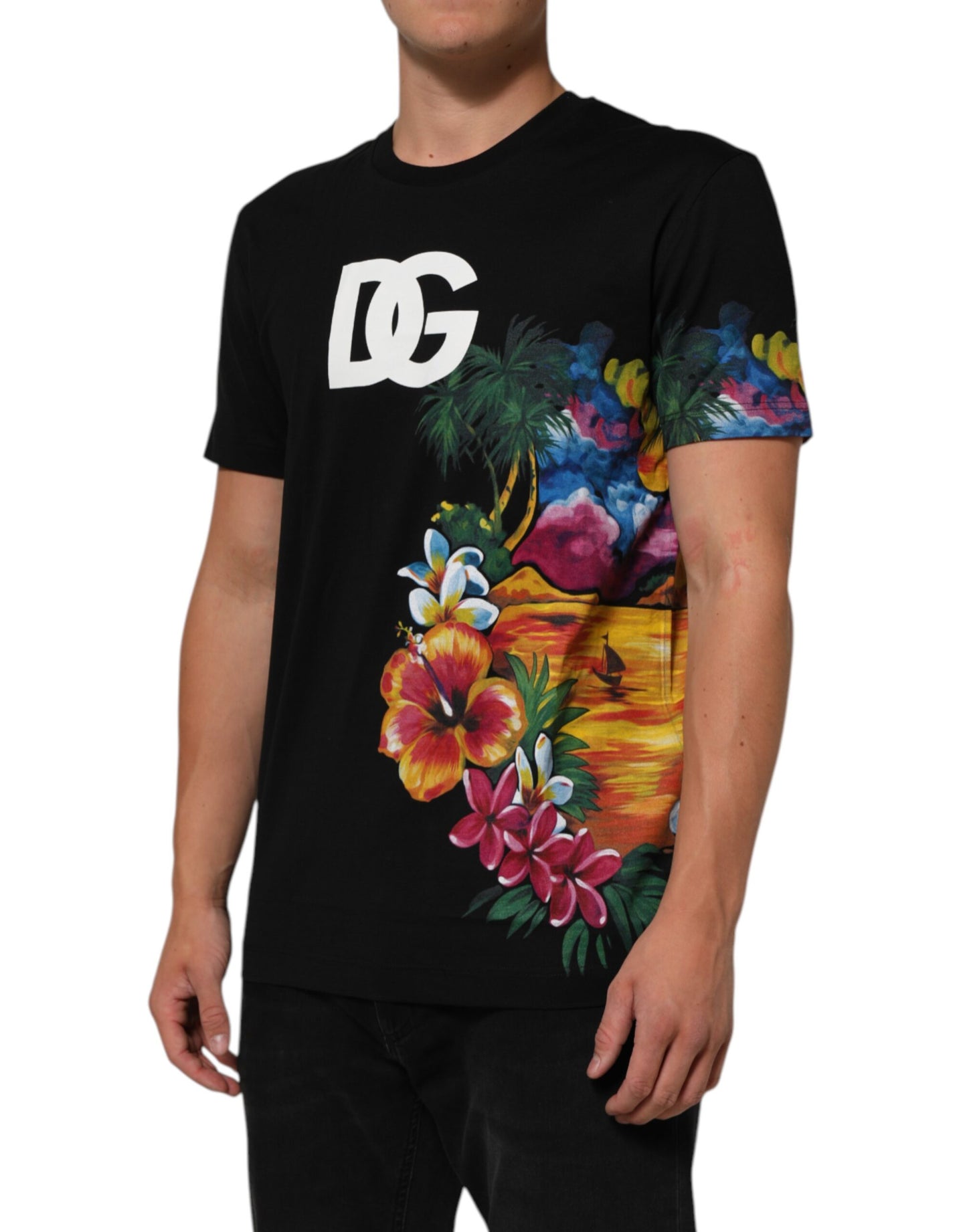 Black Floral DG Logo Cotton Crew Neck T-shirt