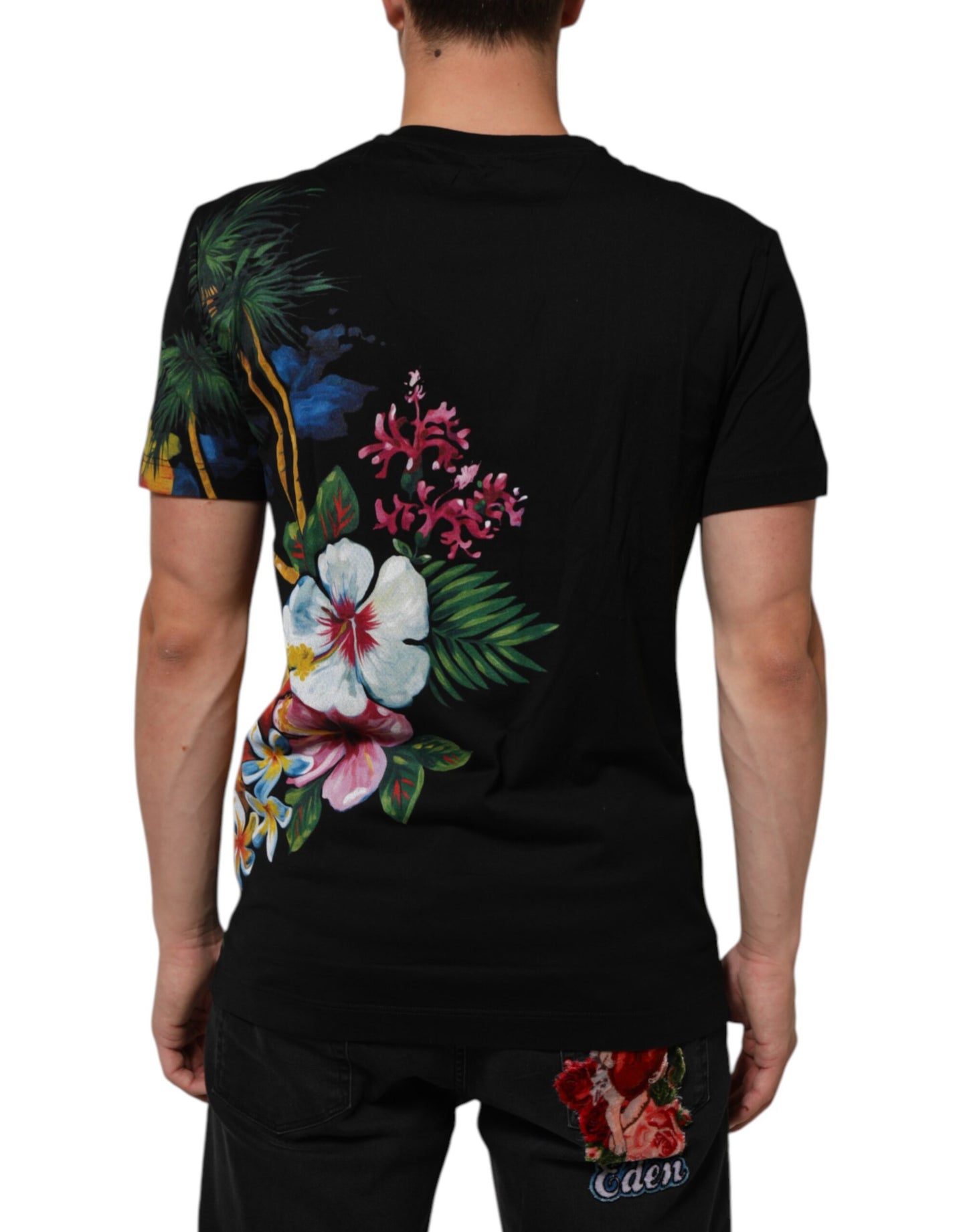 Black Floral DG Logo Cotton Crew Neck T-shirt