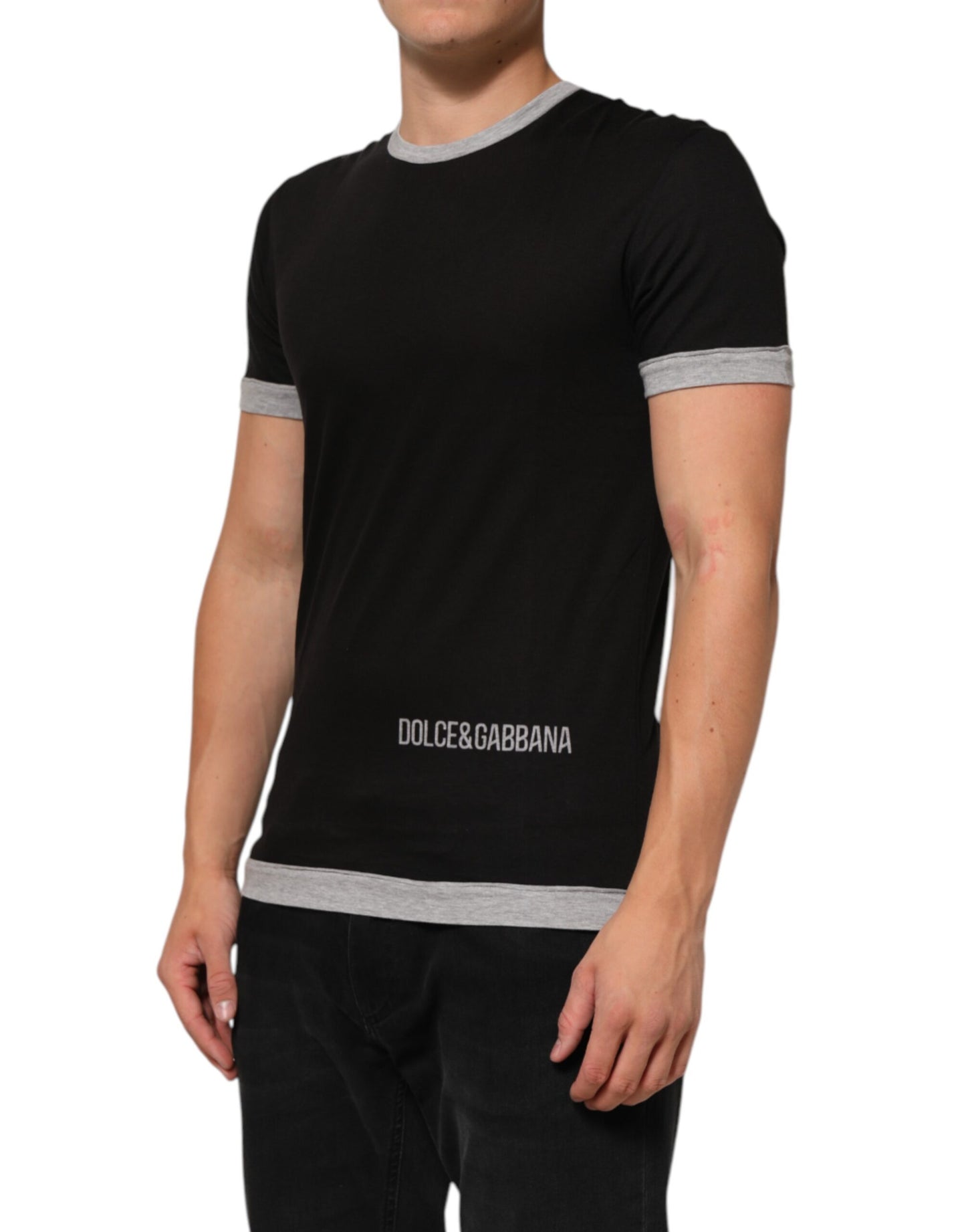 Black Cotton Logo Print Men Crew Neck T-shirt