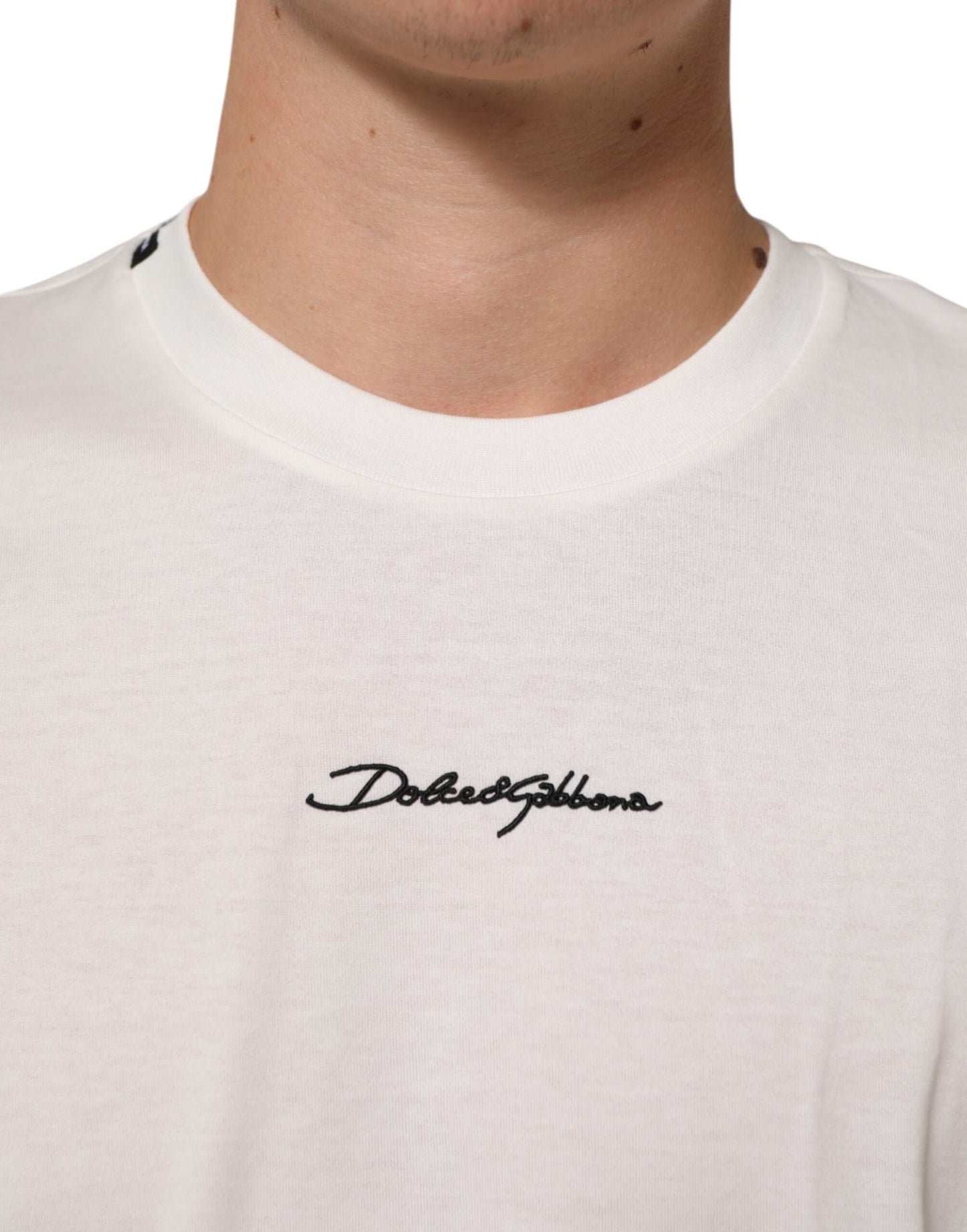 White Cotton Logo Print Crew Neck Men T-shirt