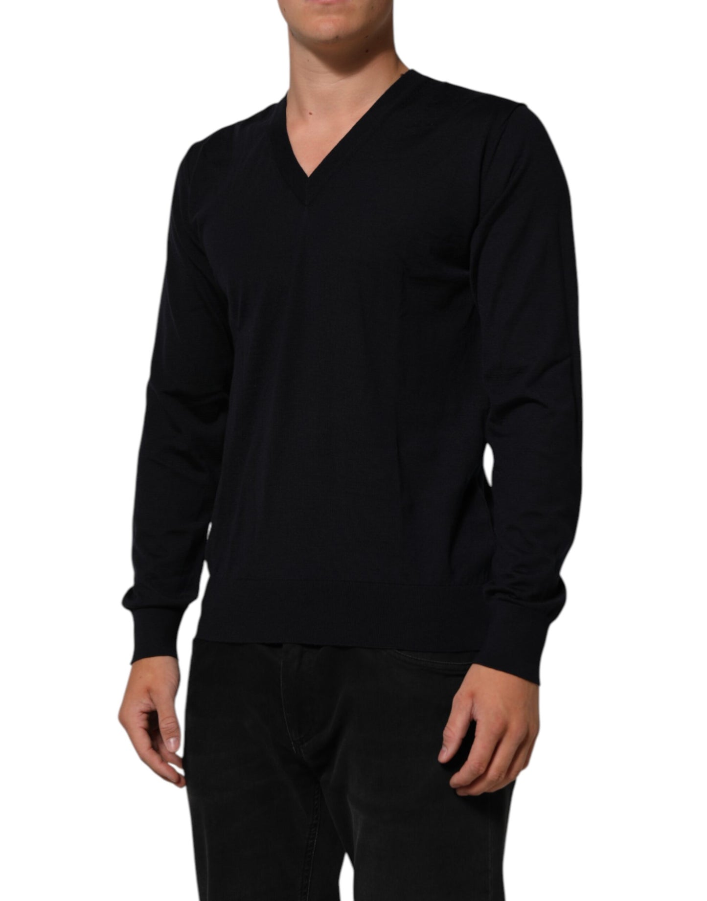 Black Cashmere Knit V-Neck Pullover Sweater