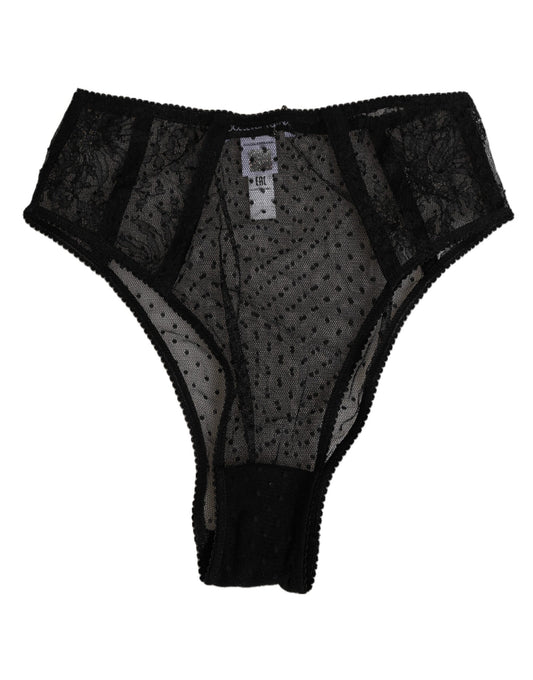 Dolce & Gabbana Black Lace Polka Dot Mesh High Waist Underwear