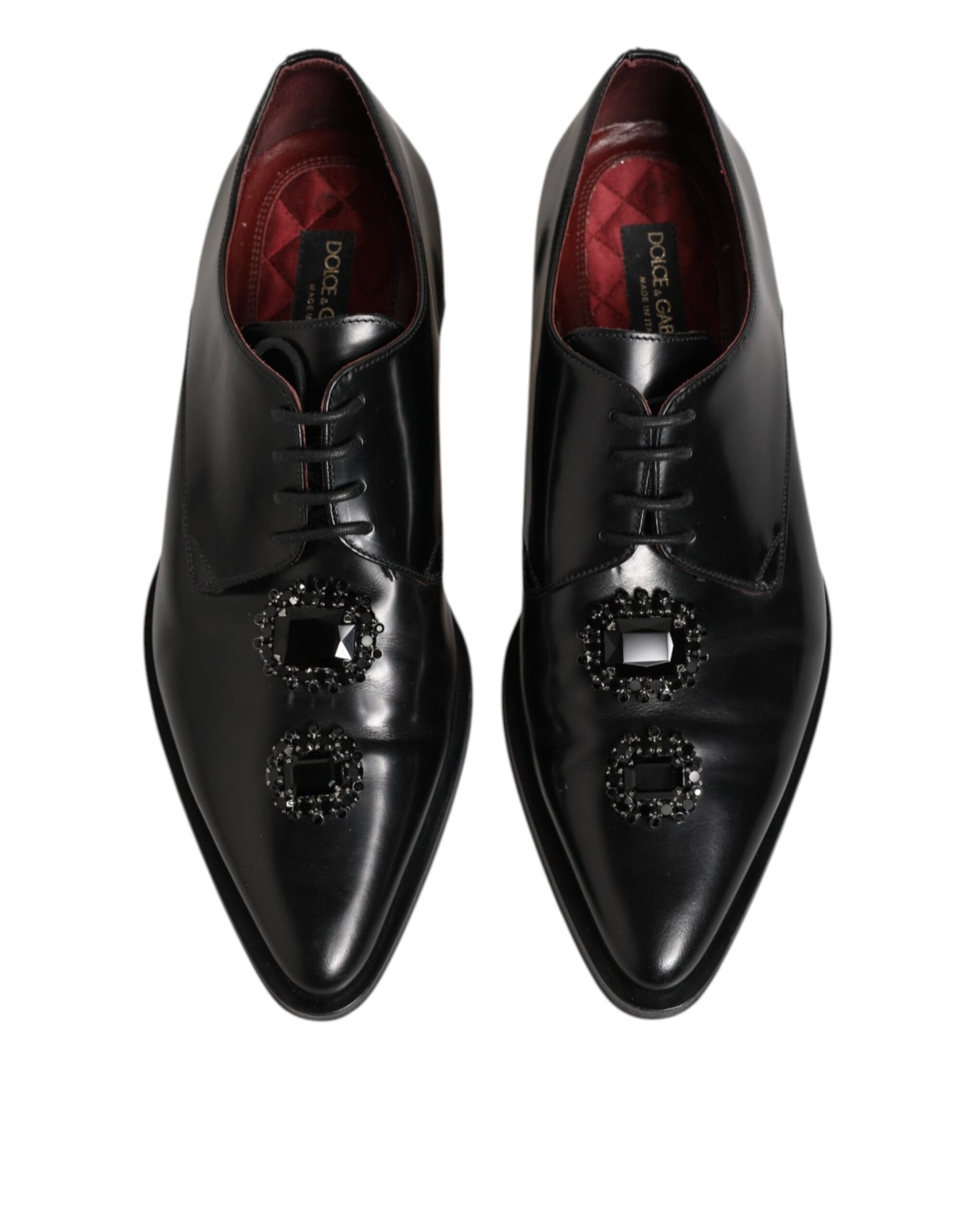 Black Leather Jeweled Crystals Derby Shoes