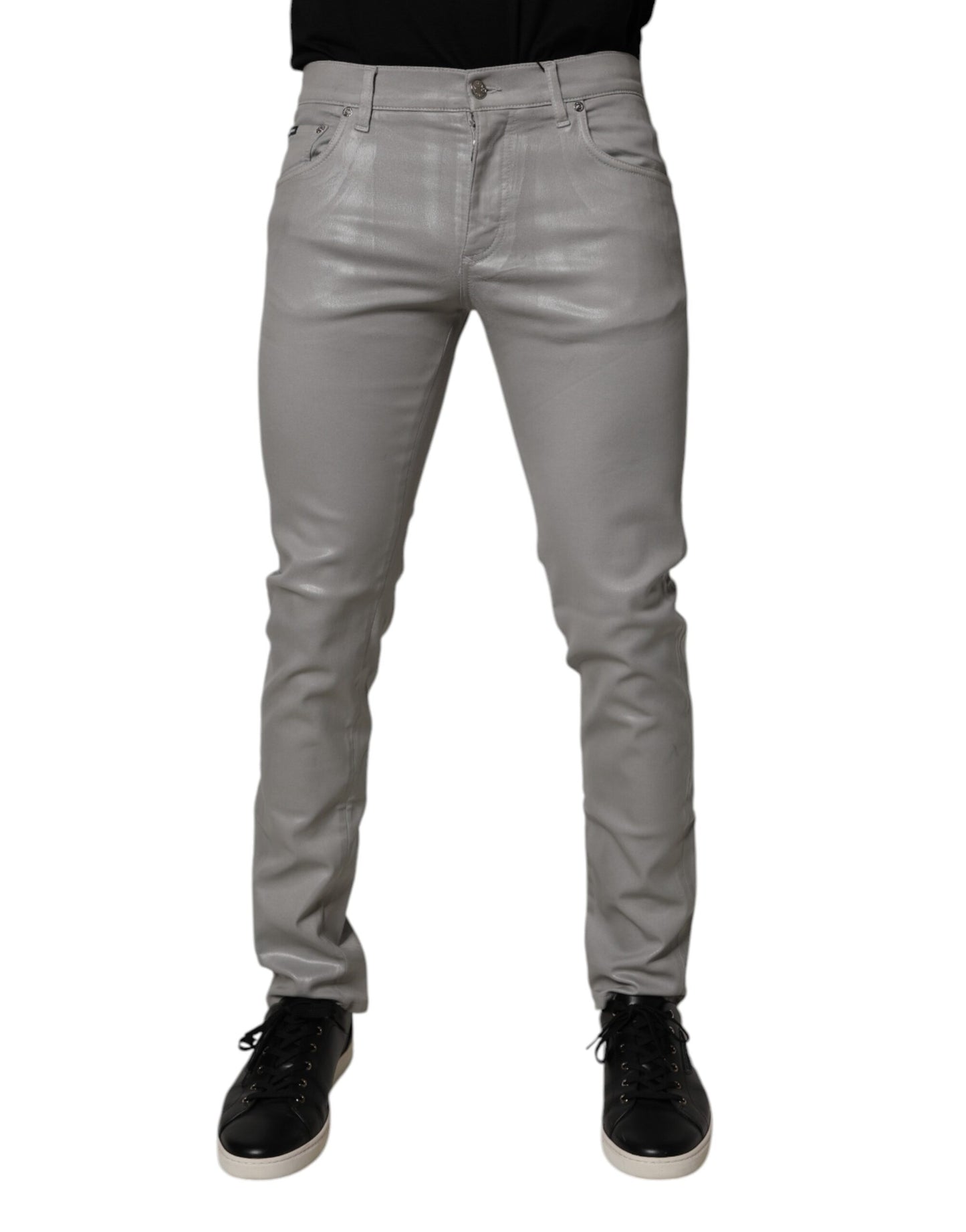 Gray Slim Fit Denim Cotton Metal Logo Jeans